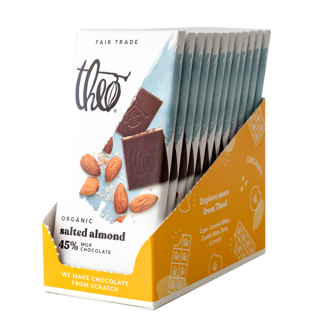 Box of 12 Theo Organic salted almond chocolate bars on a white background