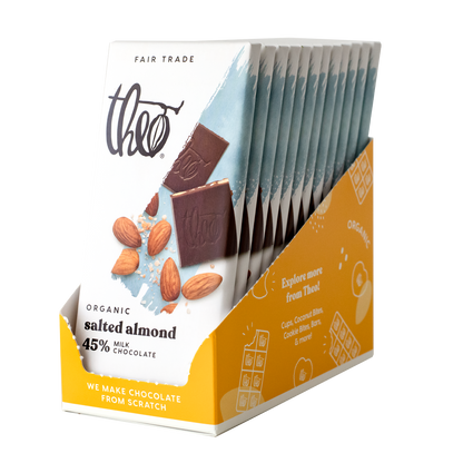 Box of 12 Theo Organic salted almond chocolate bars on a white background