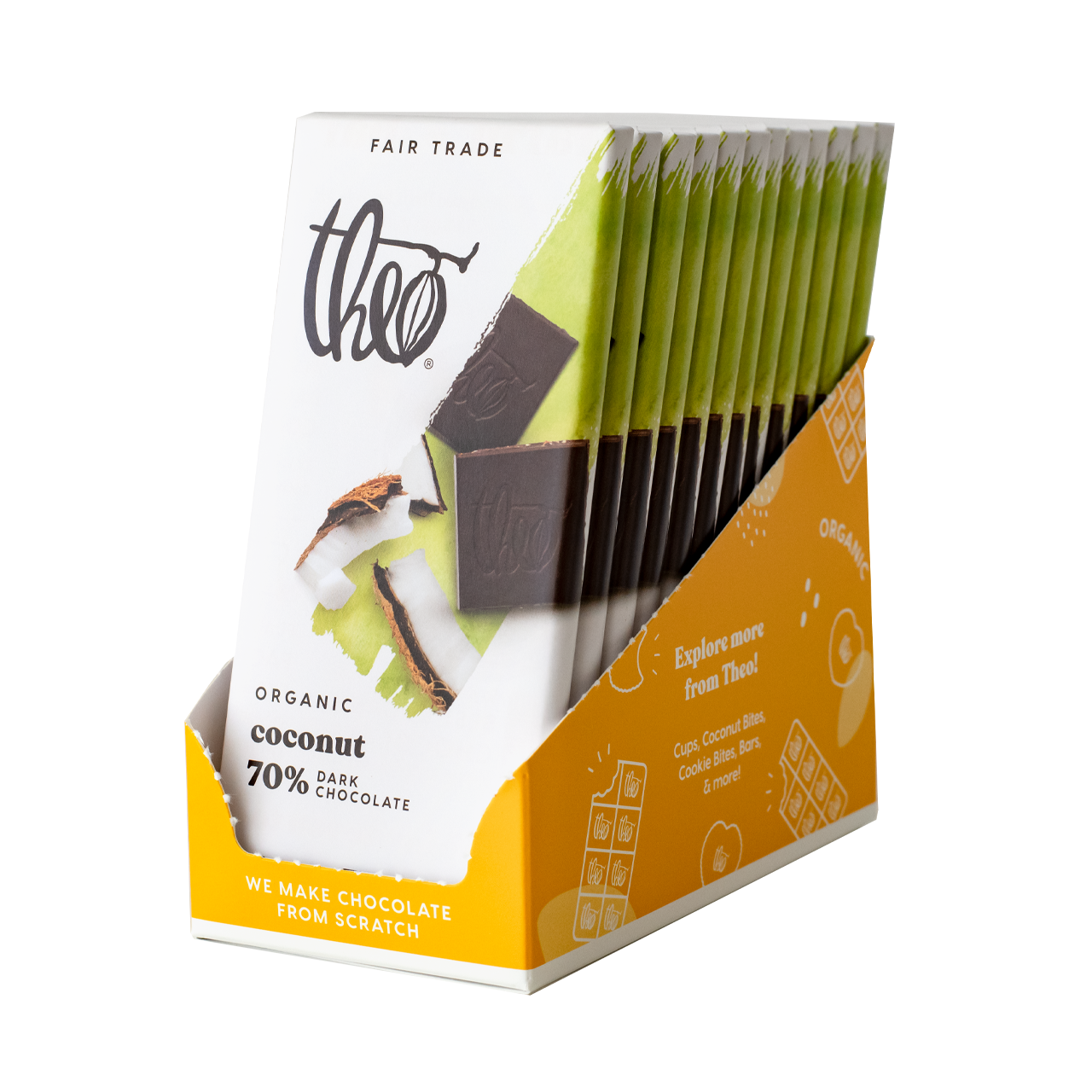 Box of 12 Theo Organic Coconut Dark Chocolate bars on a white background