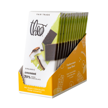 Box of 12 Theo Organic Coconut Dark Chocolate bars on a white background