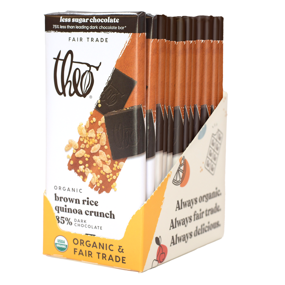 Box of 12 Theo Organic brown rice quinoa crunch dark chocolate bars on a white background