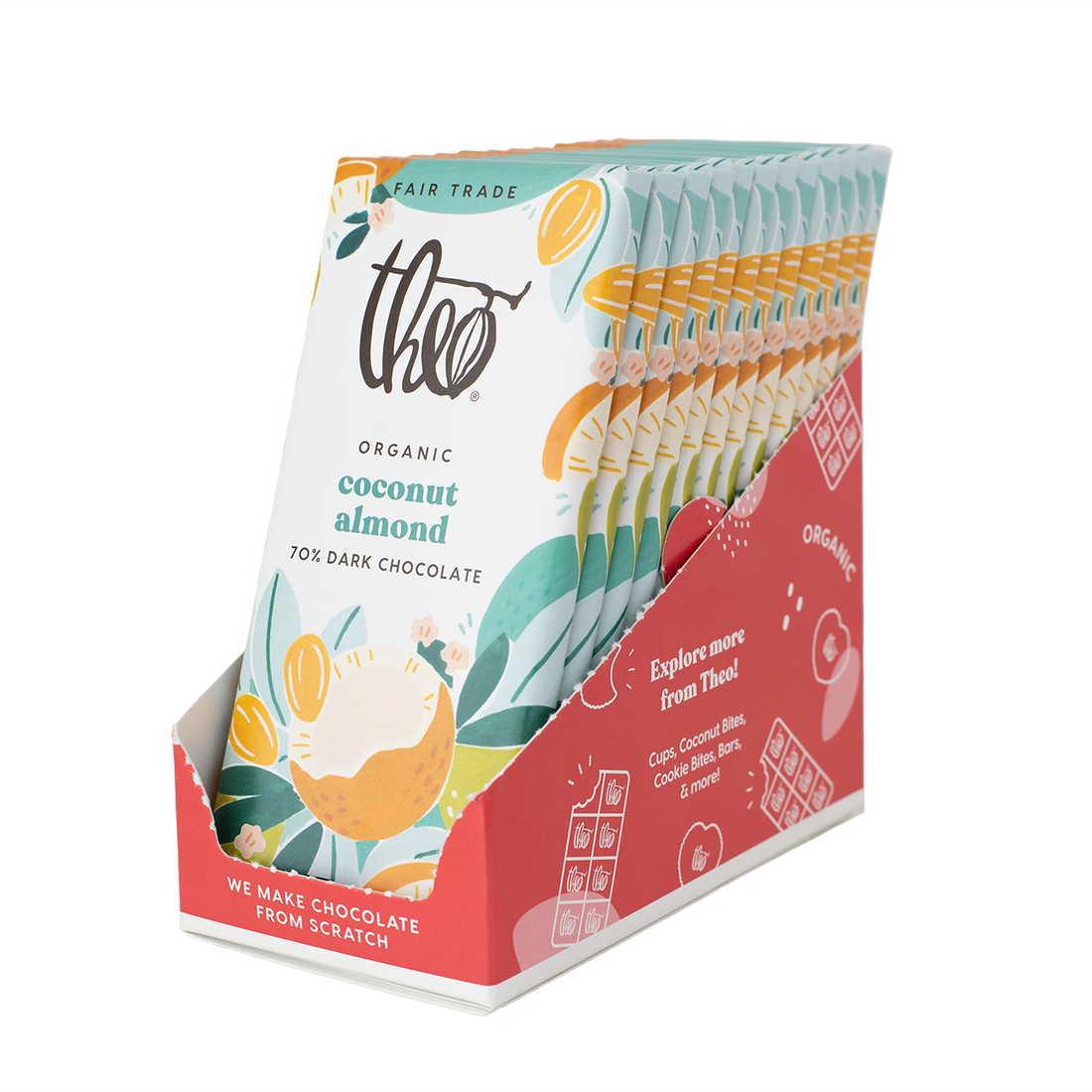 Box of 12 Theo Organic Coconut Almond 70% Dark Chocolate packaging on a white background