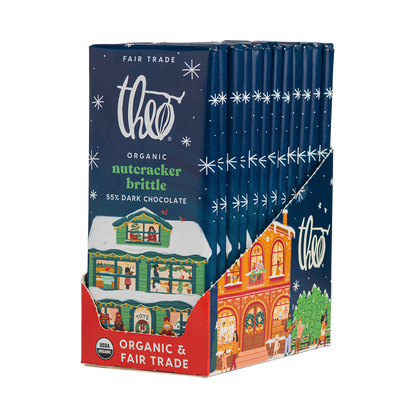 Box of 12 Theo Organic Nutcracker Brittle packaging with festive design on a white background