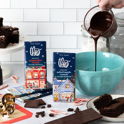 Holiday baking scene with melted chocolate, brownies and Theo holiday bars