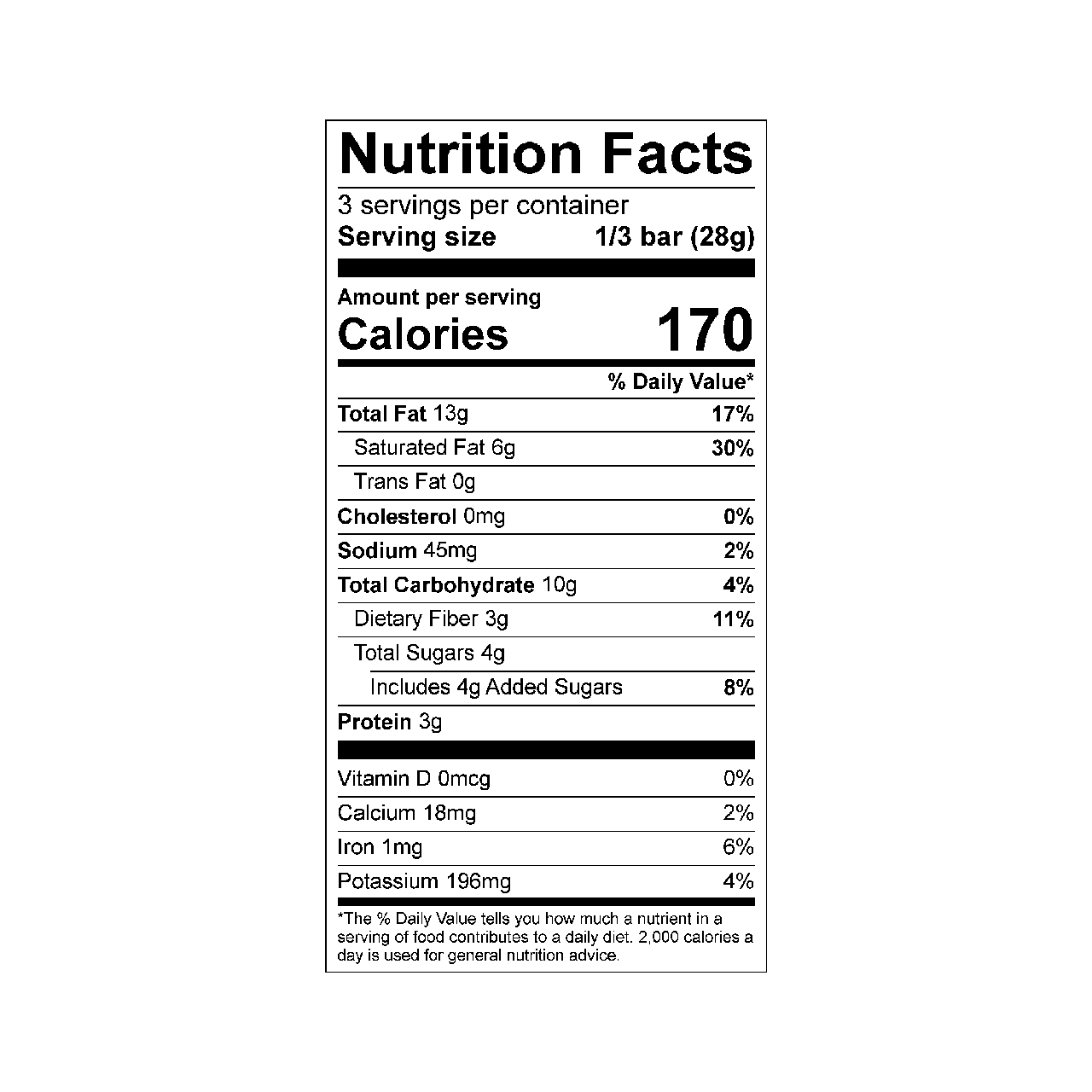 Nutrition facts label for Theo salted cashew 85% dark chocolate bar
