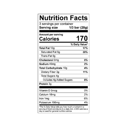 Nutrition facts label for Theo salted cashew 85% dark chocolate bar