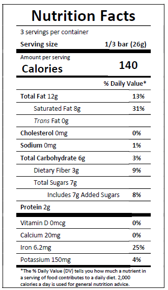 Nutrition Facts label for Theo Salted Maple Crunch 70% dark chocolate bar