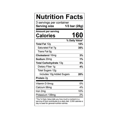 Nutrition facts label for a Theo Organic pure milk 45% chocolate bar
