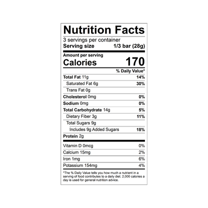 Nutrition facts label for a Theo Organic pure dark 70% dark chocolate bar