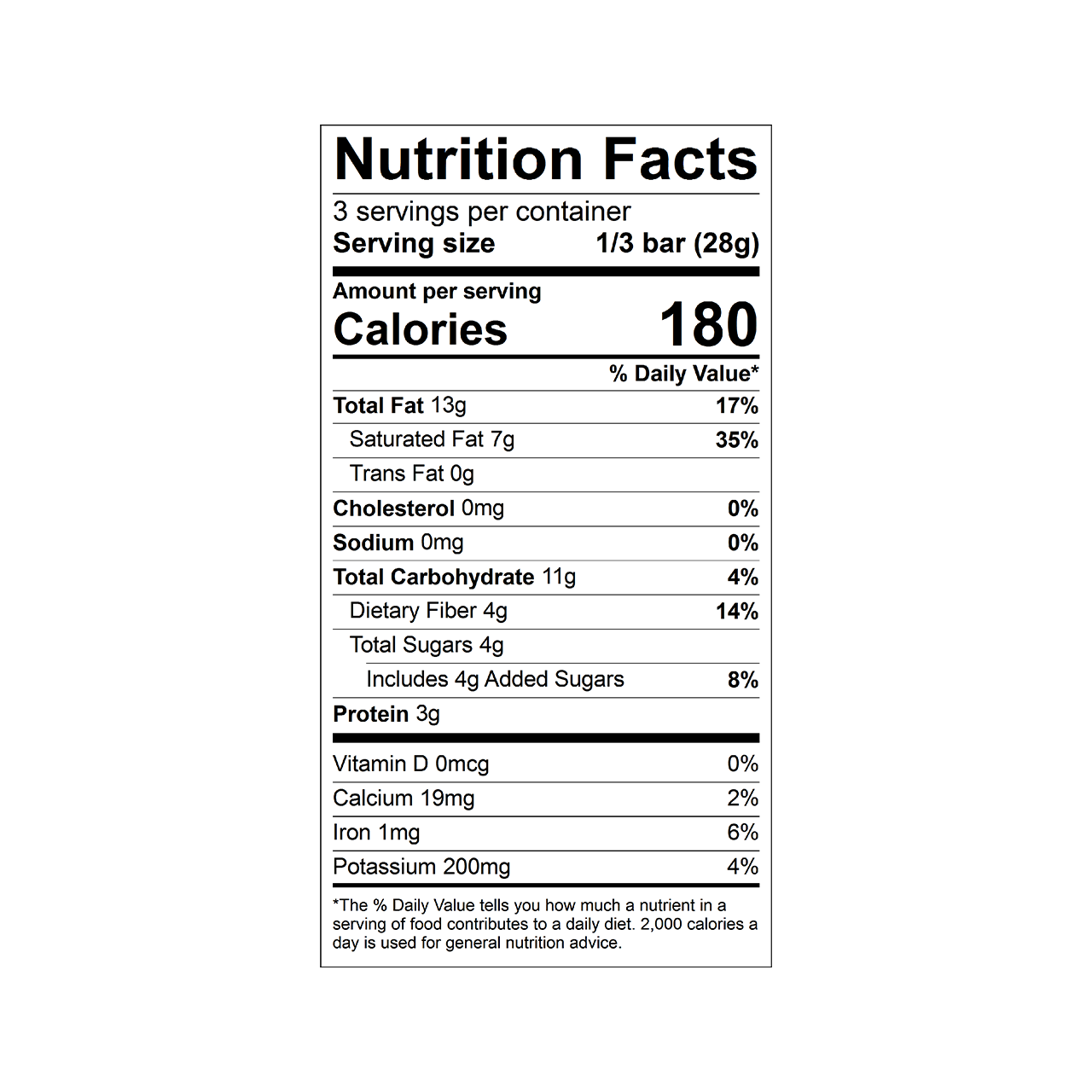 Nutrition facts label for a Theo organic pure dark 85% chocolate bar 