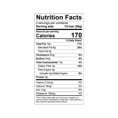 Nutrition facts label for Theo brown rice quinoa crunch 85% dark chocolate bar