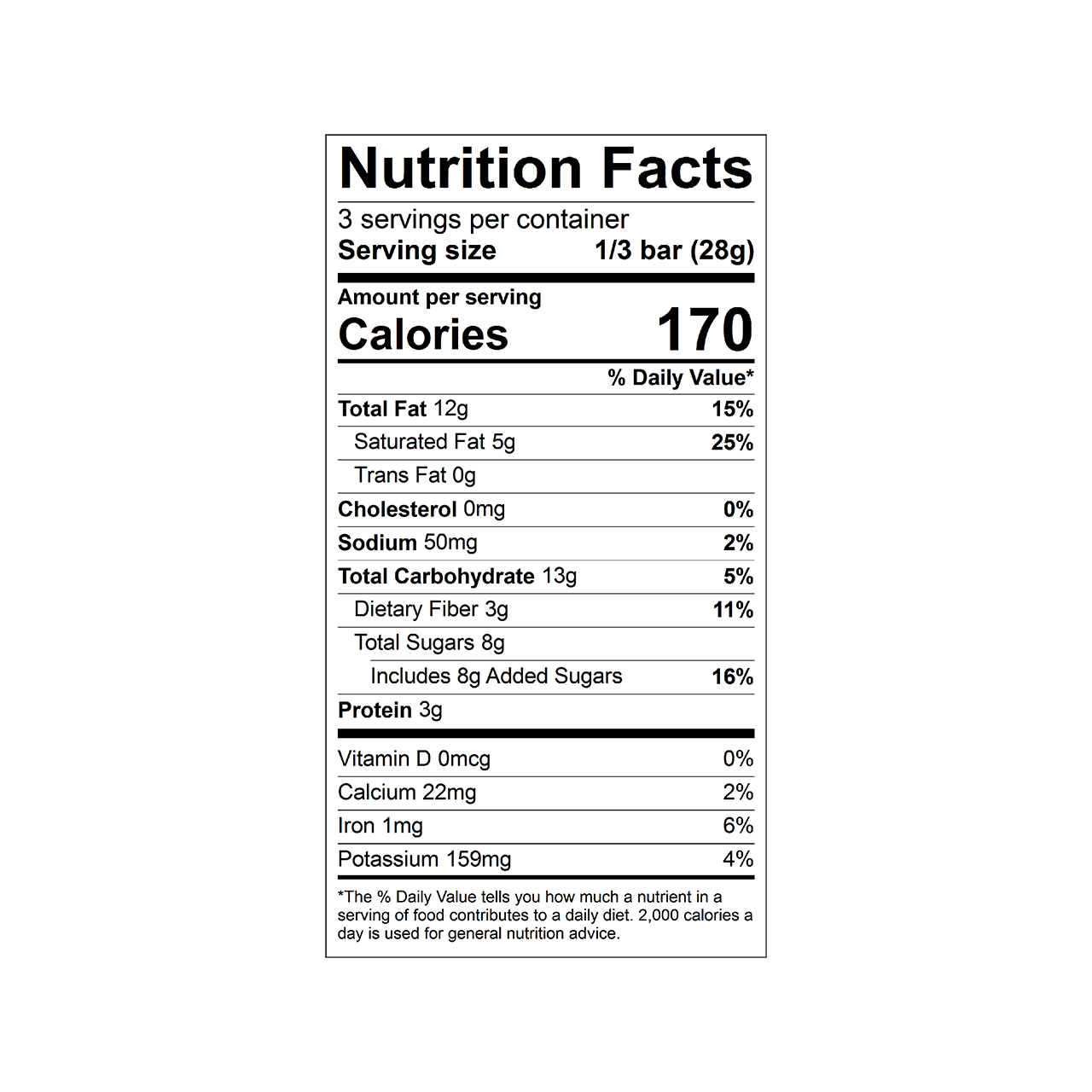 Nutrition facts label for a Theo Organic Salted Almond 70% Dark Chocolate bar