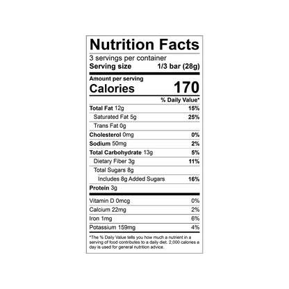 Nutrition facts label for a Theo Organic Salted Almond 70% Dark Chocolate bar