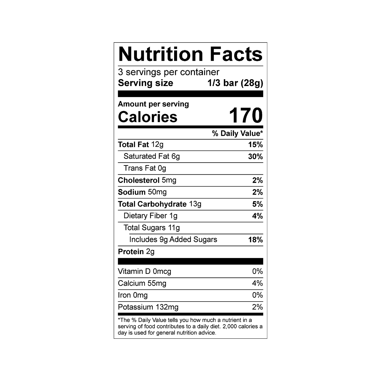 Nutrition facts label for Theo hazelnut crisp 45% milk chocolate bar