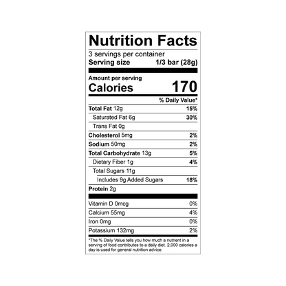 Nutrition facts label for Theo hazelnut crisp 45% milk chocolate bar