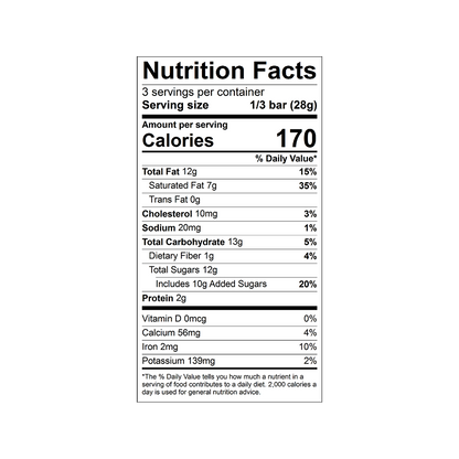 Nutrition facts label for a Theo Organic Lemon 45% Milk Chocolate bar 