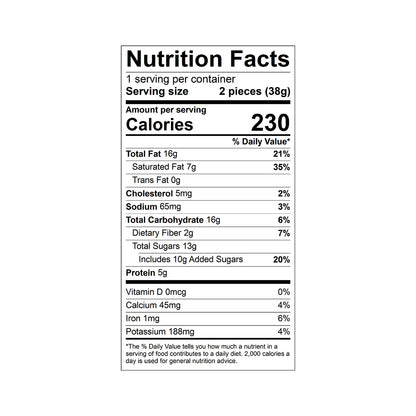 Nutrition facts label for Theo Organic Peanut Butter Cups made with 45% milk chocolate
