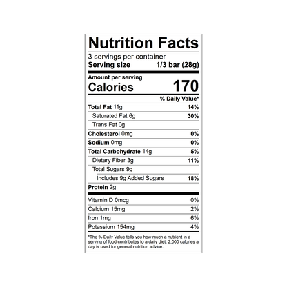 Nutrition facts label for a Theo Organic Orange 70% Dark Chocolate bar 