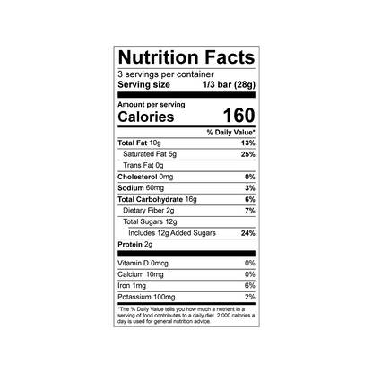 Nutrition facts label for a Theo salted toffee 55% dark chocolate bar