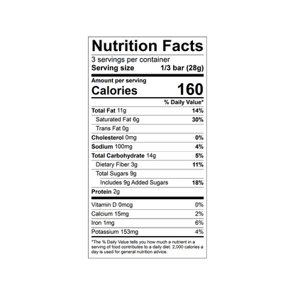 Nutrition facts label for a Theo Organic sea salt 70% dark chocolate bar