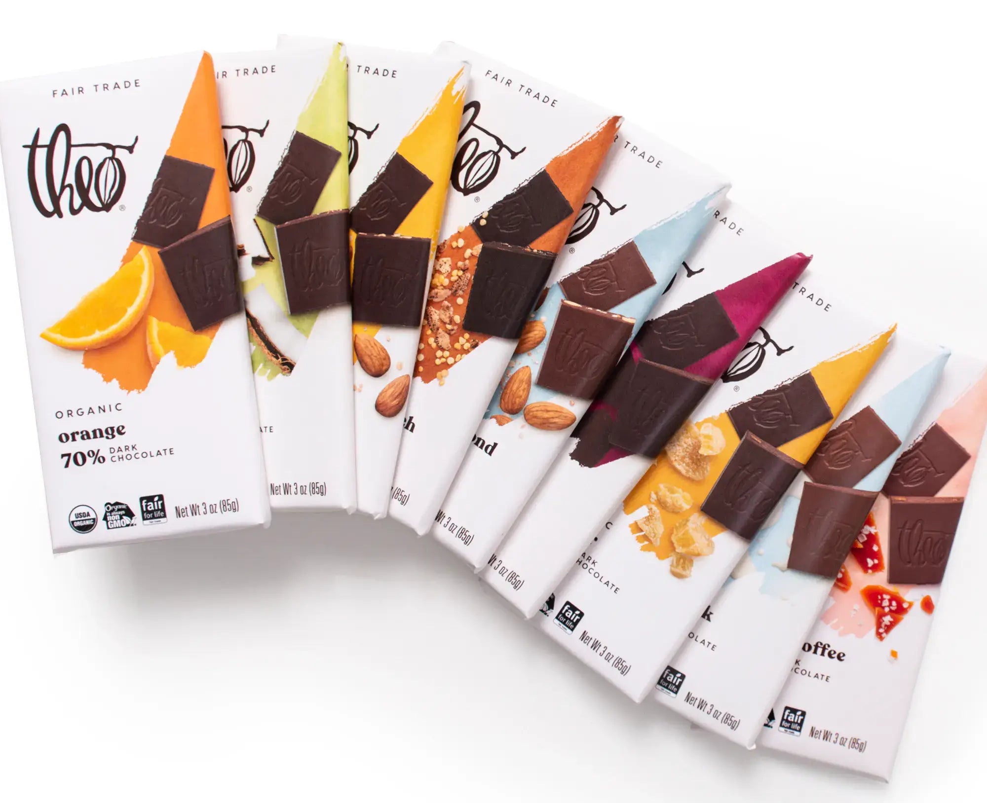 Assorted chocolate bars in their packaging on a white background