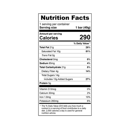 Nutrition facts label for Theo Hazelnut Crisp Filled 70% Dark Chocolate bar