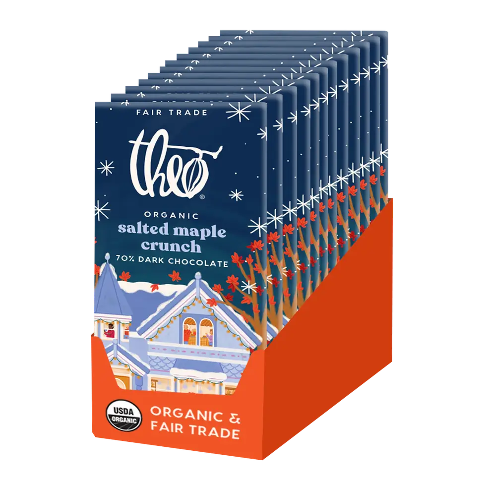 12-pack display box of Theo Organic Salted Maple Crunch 70% dark chocolate bars