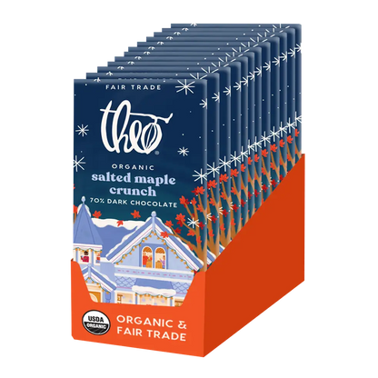 12-pack display box of Theo Organic Salted Maple Crunch 70% dark chocolate bars