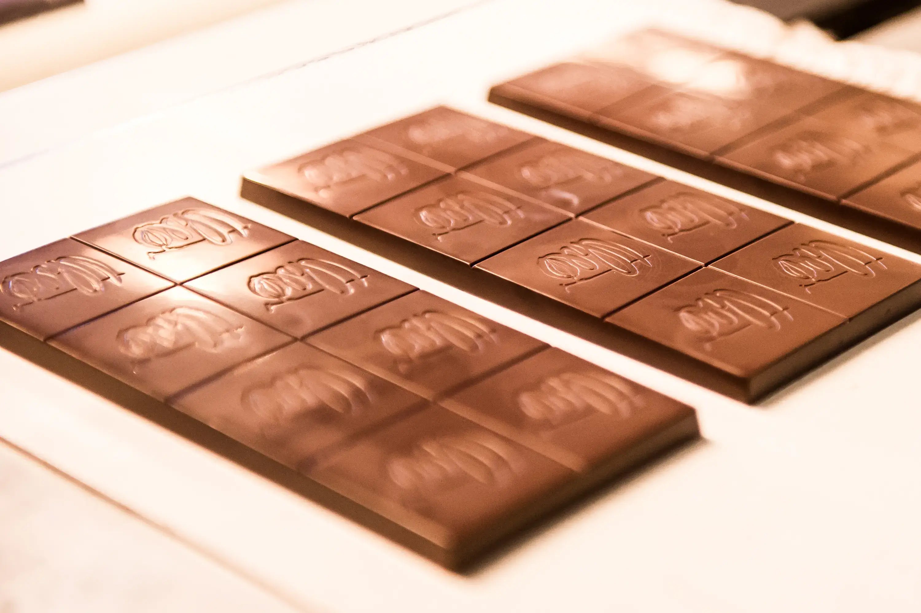 Chocolate bars with a Theo brand logo on a light background